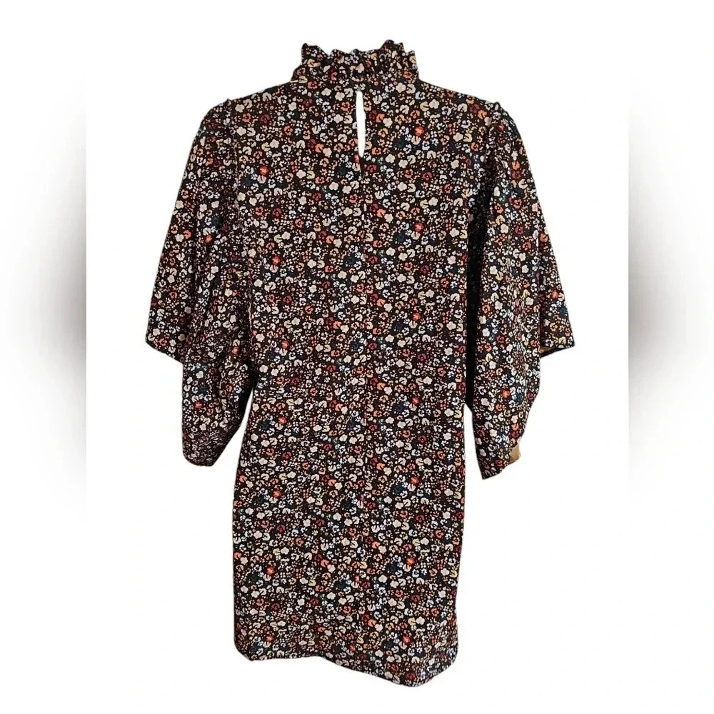 Zara Black Floral Mini Dress Bell Sleeves Ruffle Neck Cottagecore Boho Size S - Picture 3 of 7